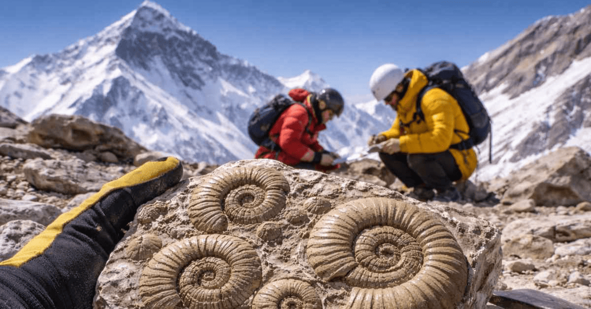 Dos hombres con fosiles en el Everest.