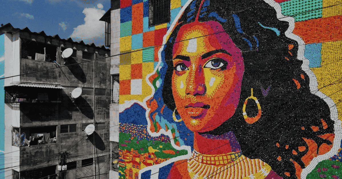 Mural Gioconda salvadoreña hecho con más de 100.000 tapas recicladas.